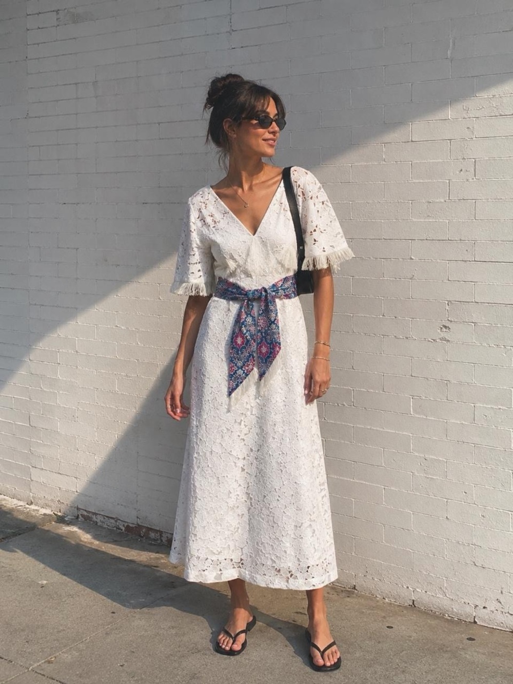 Sachin + Babi White Lace V-Neck Midi Dress with Printed Waist Scarf